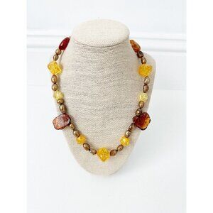 NWT Genuine Amber & Pearls Beaded Necklace Orange Gold Yellow